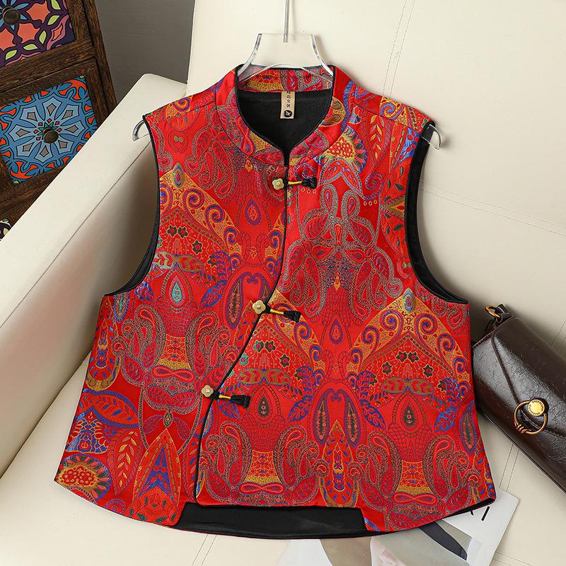Women s Red Embroidered Vest with Frog Buttons - Spring 2026 Retro Style 3XL