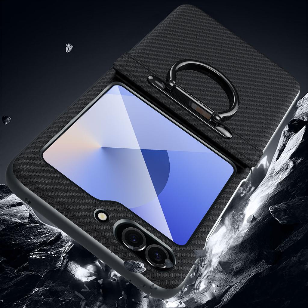 SULADA For Samsung Galaxy Z Flip5 5G Case with Ring Kickstand Magnetic Closure Leather PC Phone Cover Carbon Fiber Texture