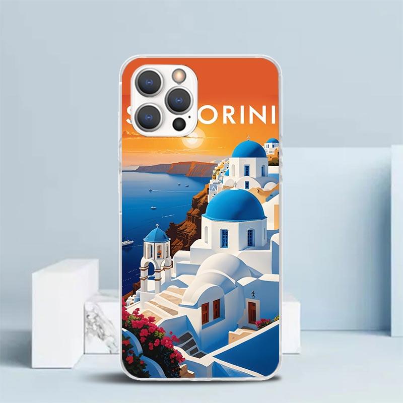 

Greece In Summer Santorini Soft Cover for iPhone 16 17 Air 15 14 Pro Max 16E Phone Case 13 Mini 12 11 7 SE 8 Print Pattern Fit C iPhone 15 Pro