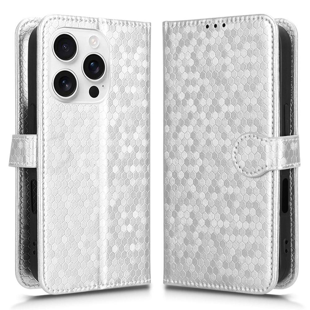 

For iPhone 16 Pro Max Wallet Case Dot Pattern Imprint PU Leather Phone Cover Silver
