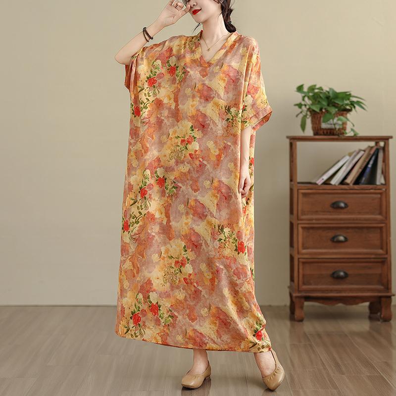 DIMANAF 2025 Plus Size Summer Women Printing Long Dress Short Sleeve Vintage Casual Linen V-Neck Basic Loose Dress