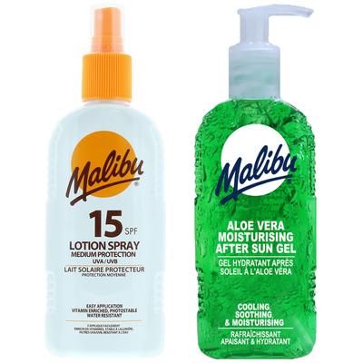 Malibu SPF15 Wasserdichtes Spray 200ml + Aloe After Sun Gel 200ml