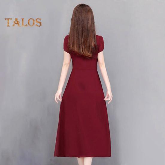 Summer Lady Dress Round Neck A-line Short Sleeves Slim Waist Plus Size Pure Color Slim Fit Mid-calf Length OL Commute Midi Dress