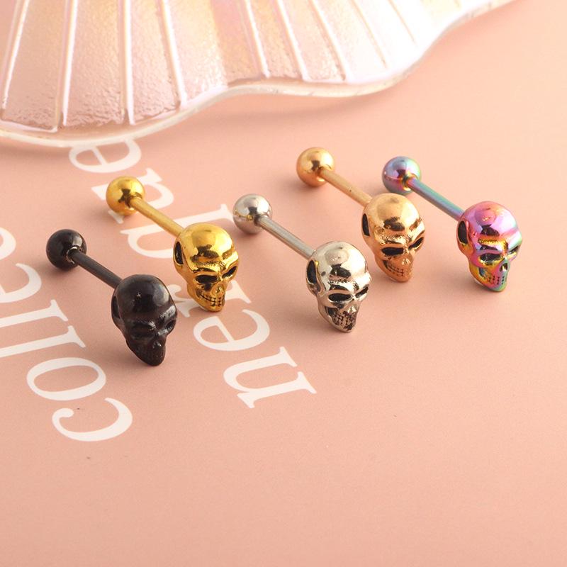 3D Ghost Head Tongue Ring, Stainless Steel, External Thread Barbell, 14g Piercing Jewelry, Available in 5 Colors.