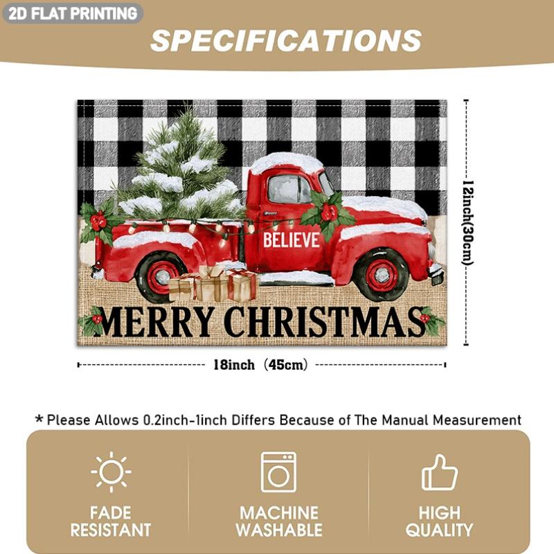 4/6pcs, Christmas-Themed Placemats, Black And White Checkered Background with Red Trucks, Christmas Trees, Gift Boxes, Holly Leaf Patterns, Printed Wi