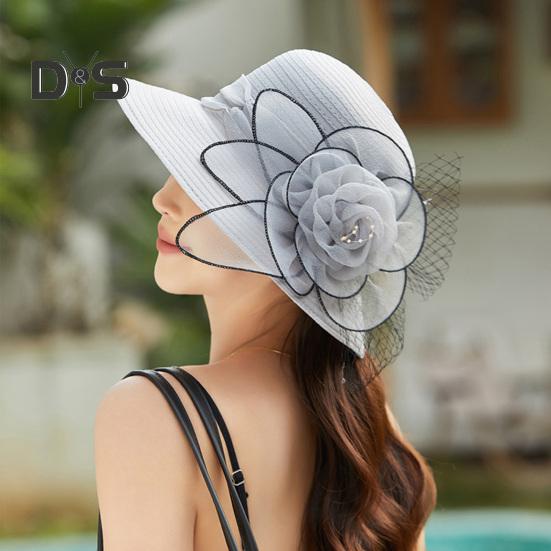Chapeau de soleil Kentucky en organza pour femme, chapeau à large bord avec fleurs, idéal pour l'église, la plage, le Derby, pour un goûter ou un mariage