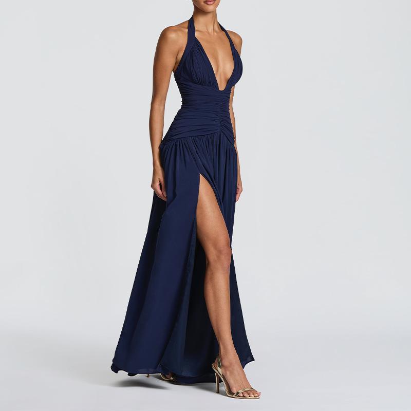 Spring new, elegant and sexy v-neck pleated slim-fitting dress