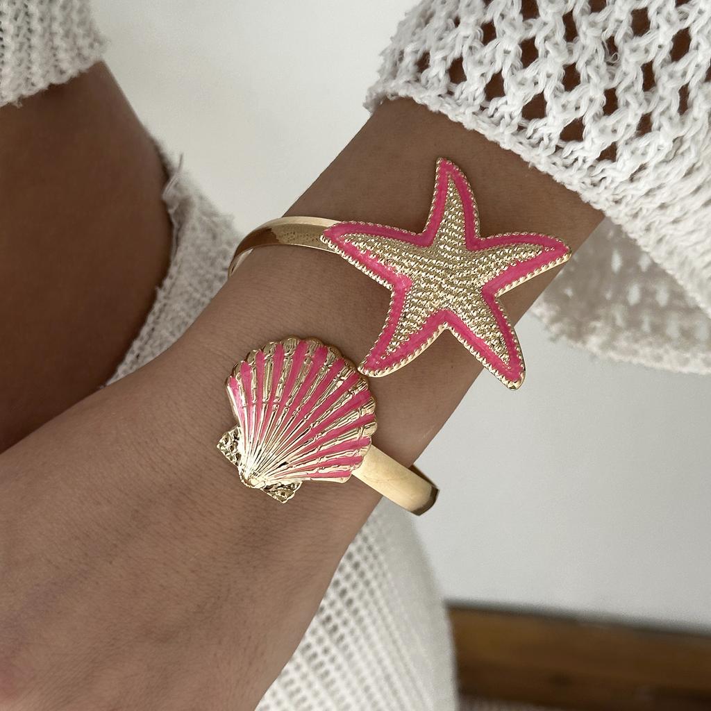Exaggerated Starfish Shell Open Bracelet for Women Trendy Gold Color Metal Blue Enamel Marine Bracelet Beach Vacation Jewelry
