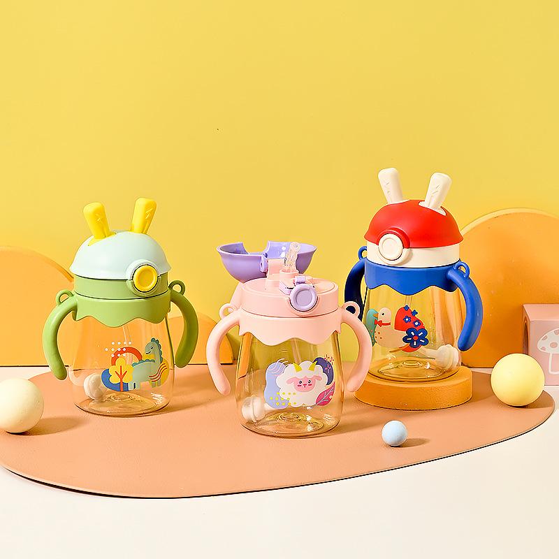 Infant Cartoon Drinking Cup with Handle Bounce Cover Childrens Straw Cup Drop-Resistant Kindergarten Men and Women Baby Learns to Drink