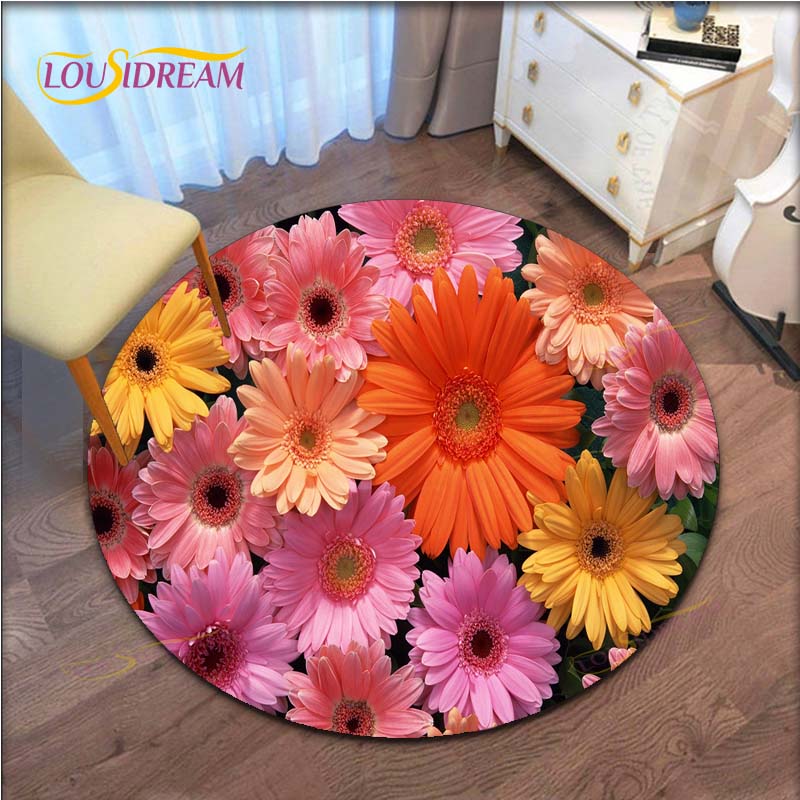 Rose Flower Waterproof and Non-slip Circle Cute Floor Rug Round Area Rugs Living Room Children Chair Tent Play Game Carpets