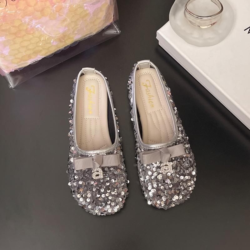 Fashion 2025 Shiny Sequin Slippers Women's Retro Style Flat Bottom Butterfly Knot Casual Summer Sandals Half Slip On Shoes