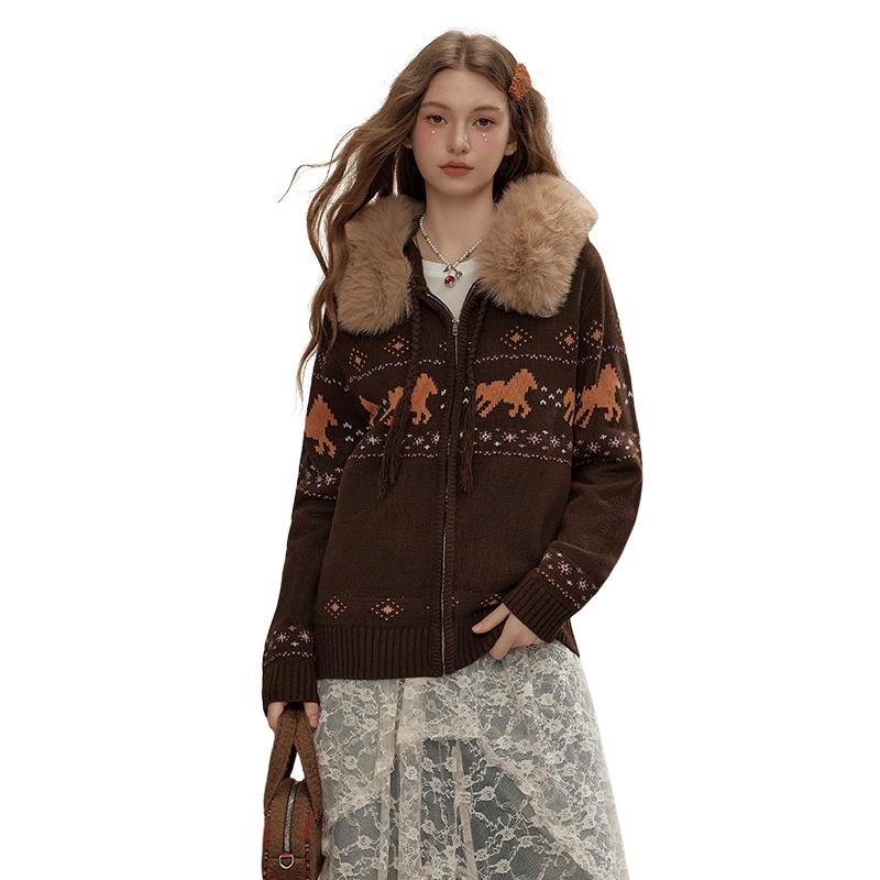 

UNIFREE Women s Fair Isle Hooded Knit Cardigan M