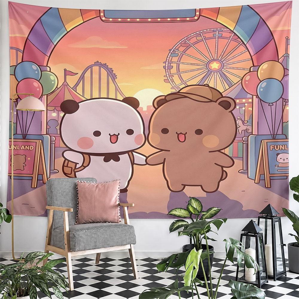Cute Bear Friends at Funland Carnival Pattern Wall Hanging Tapestry Decorative Tapestry Home Decor for Bedroom and Living Room