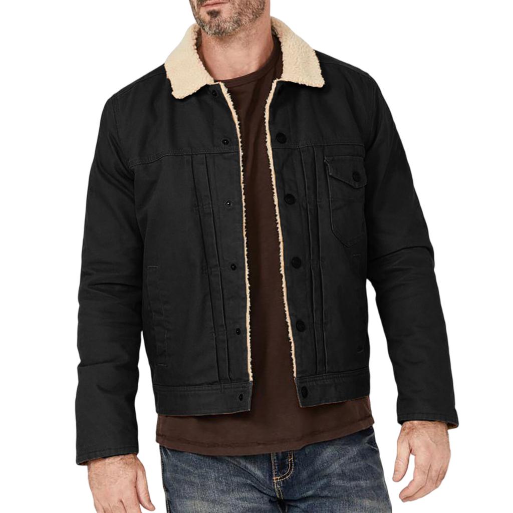 Men's Solid Color Button Pocket Work Jacket Men's Casual Plush Coat
