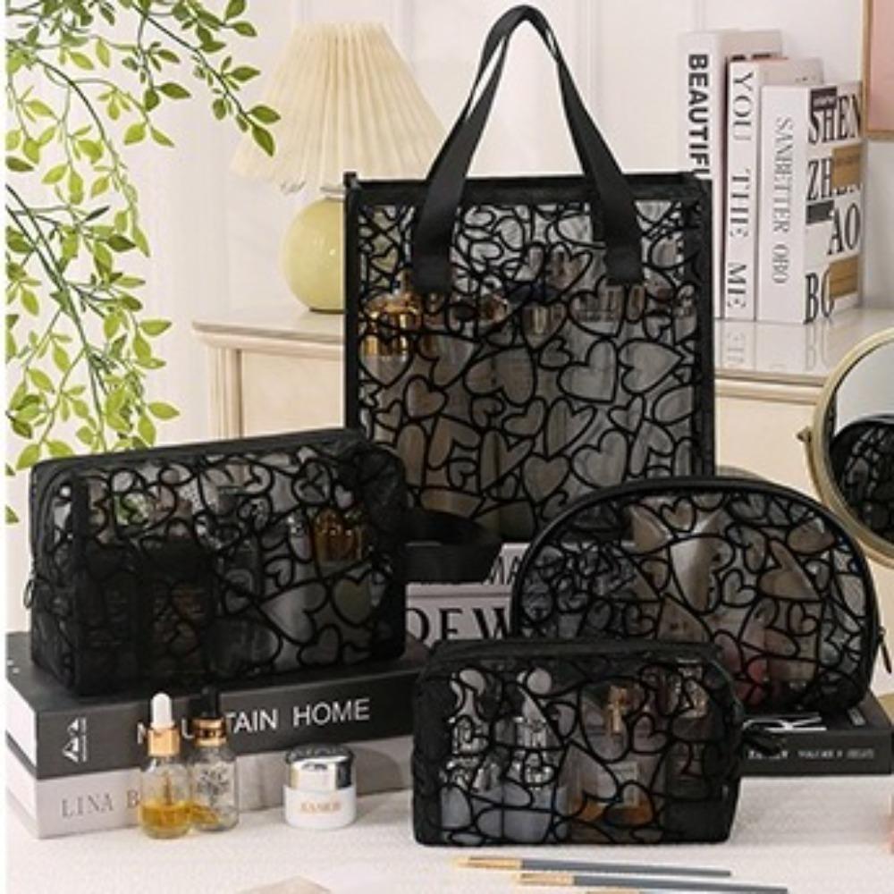Fashion Portable Cosmetics Storage Bag Mesh Heart Makeup Bag Toiletries Bag Women