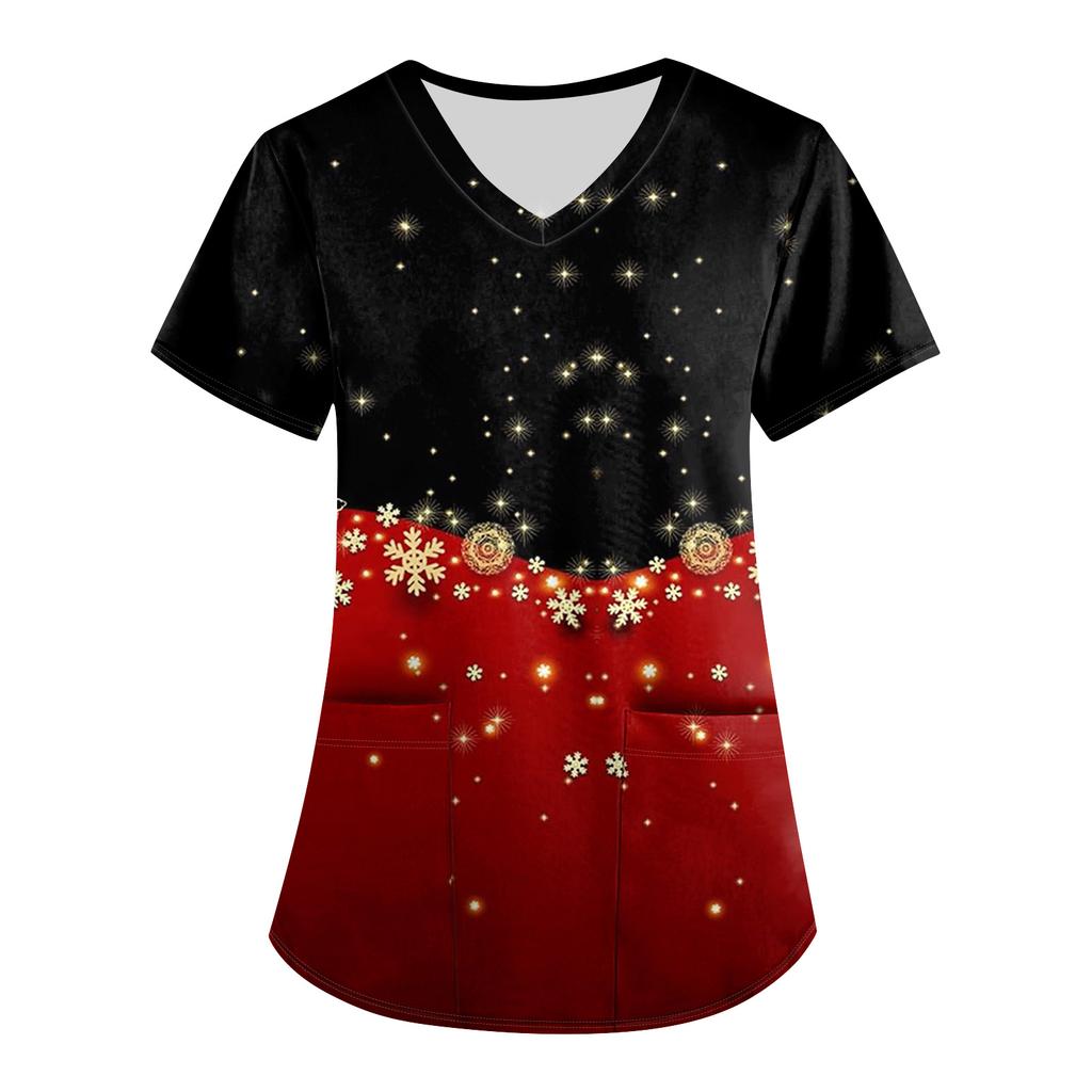 Plus SizePrinted Scrub Working Uniform Tops For Women's Cross V-Neck Print Short Sleeve Fun T-Shirts Workwear Tee With Pockets