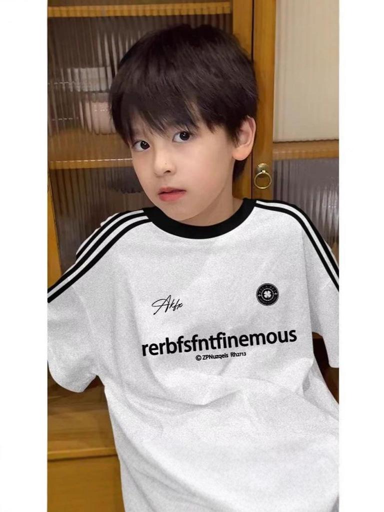 Stylish Boys' Letter Print Cotton T-Shirt, New Summer Style with Three Stripes.