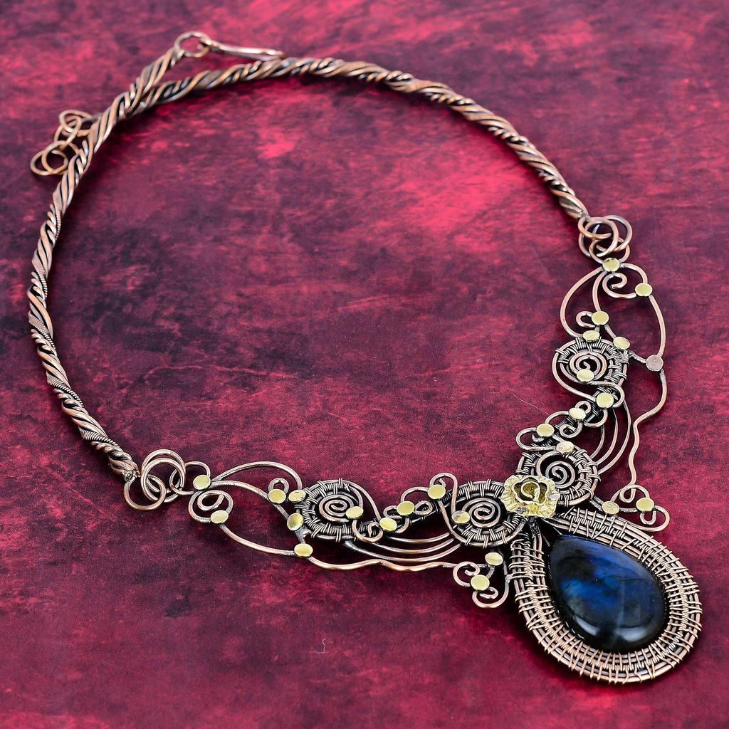 Colar de Pedra Labradorita Joia Enrolada com Fio de Cobre Colar Ajustável