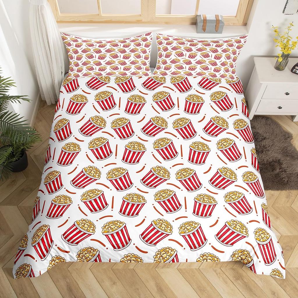 Popcorn Food Bedding Set King Queen Double Movie Theater Theme Duvet Cover Filmstrip Polyester Comforter Cover Blue Quilt Cover