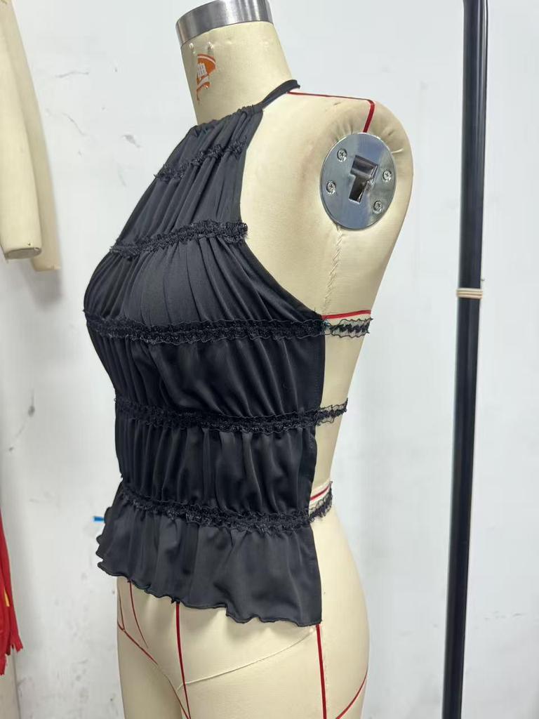 2026 Summer Solid Color Pleated Halter Neck Women's Open Back Lace-up Top