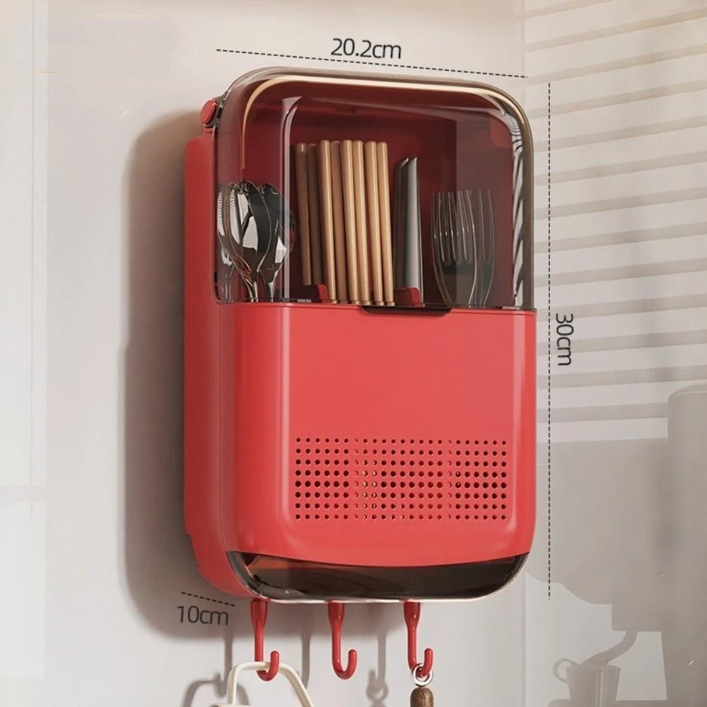 

Wall Mount Kitchen Storage Box Dustproof with Lid Spoon Organizer Space Saving Multifunctional Chopstick Organizer червоний