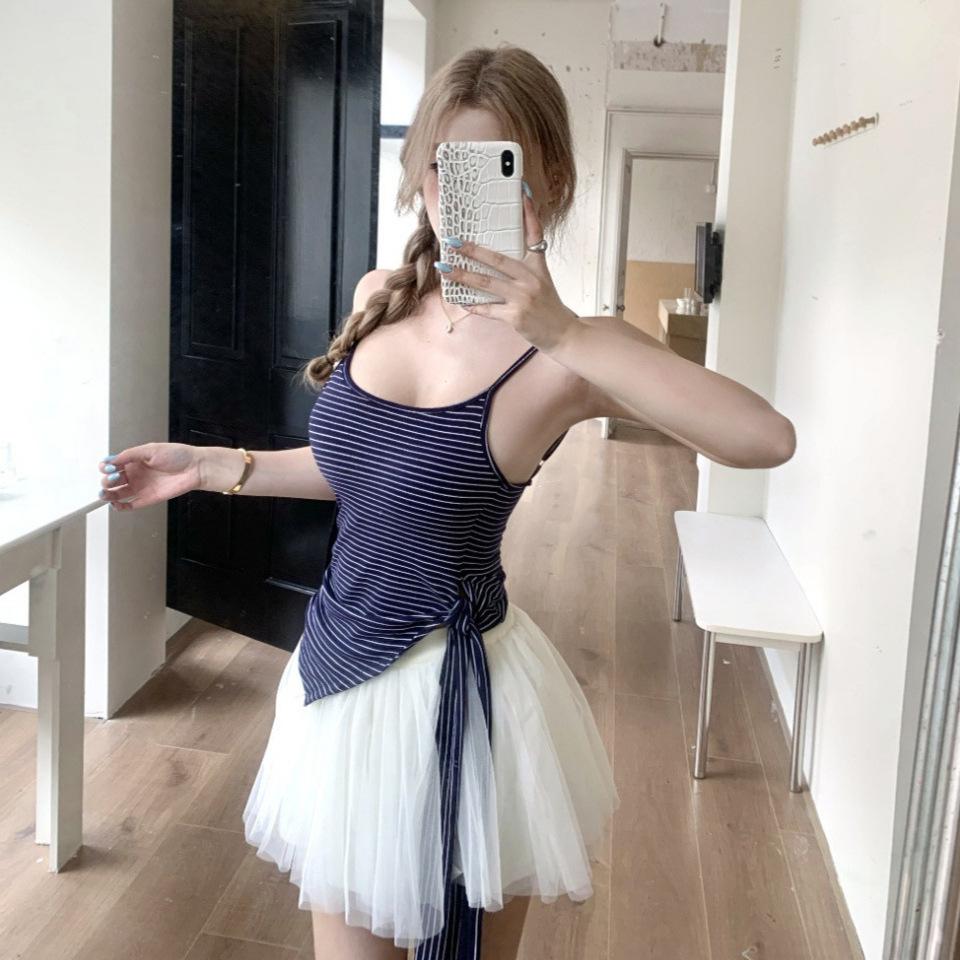 #Summer new pure desire wind striped lace-up splicing sling vest female slim fixed with chest pad top