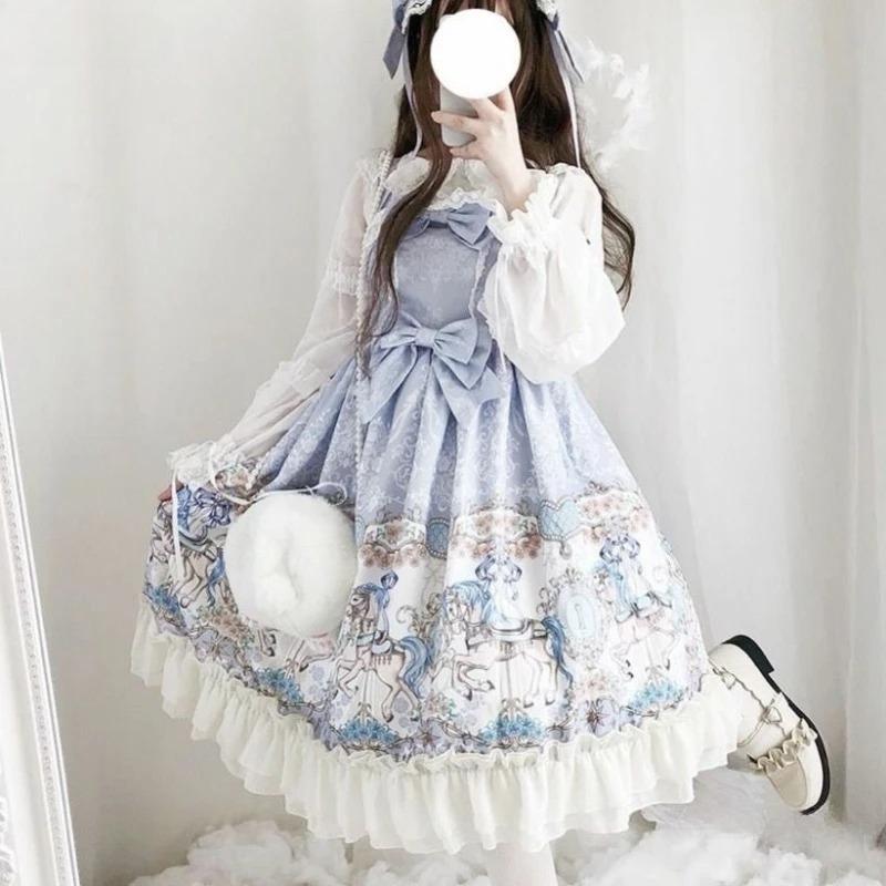 Sladké Lolita Jsk Šaty Dámské Harajuku Kawaii Kreslený Potisk Krajka Volán Mašle Bez Rukávů Párty Šaty Dívčí Princezna Mini Vestidos