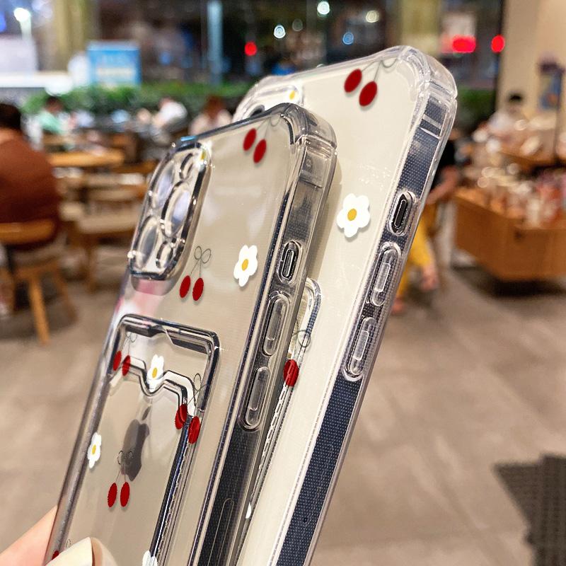 Card Holder Cherry Phone Case For iPhone 13 Funda iPhone 11 16E 16 14 15 Pro Max 12 XR X Xs 7 8 Plus SE Shockproof Silicon Cover