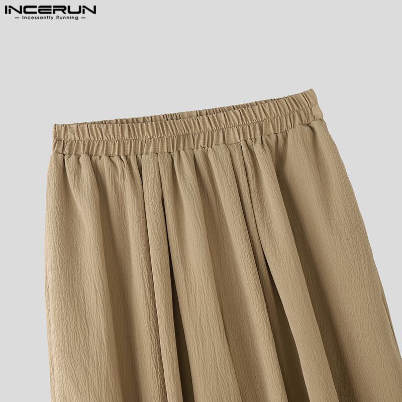 INCERUN Men Elastic Waist Pants Casual Loose Solid Color Texture Harem Trousers