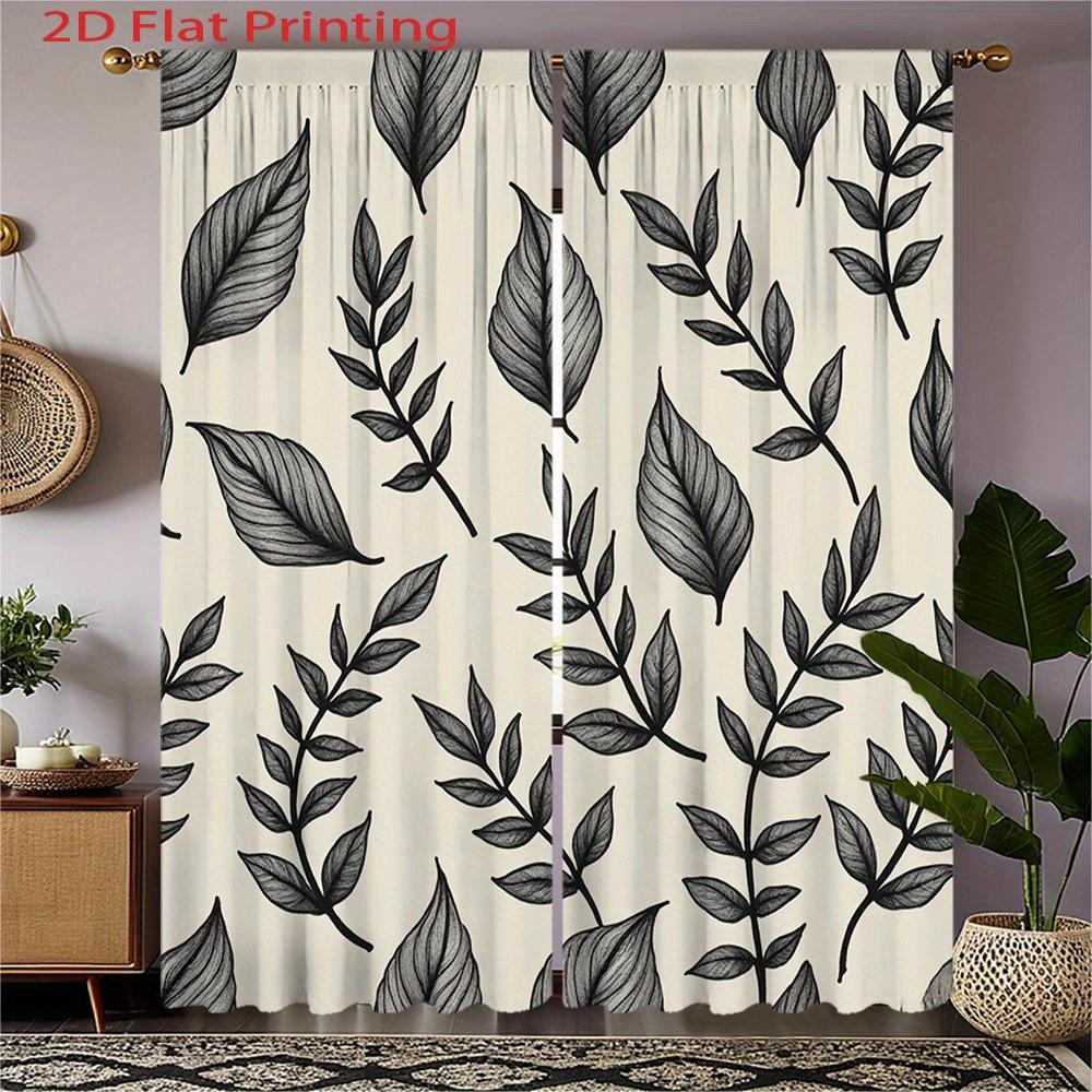 

Set Of 2 Flat Black Leaf Pattern Beige Background Curtains Semi Polyester Fabric Design Sheer Made Machine Washable W100*H70(CM)-Grommet top&2PCS