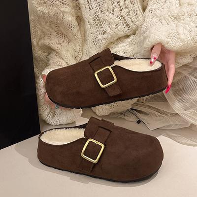 Boken Schuhe mit Samt-Zehenspitzen und Halbschuhen für Damen Herbst und Winter Neuer Stil Faul Flauschige Boken Baumwoll-Hausschuhe