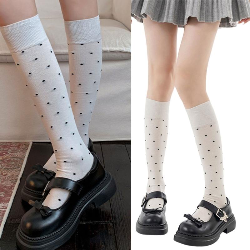 Elegant Anime Knees High Soft Cotton Socks With Dot Pattern Long Calf Dress Socks For Fashion And Daily Wear