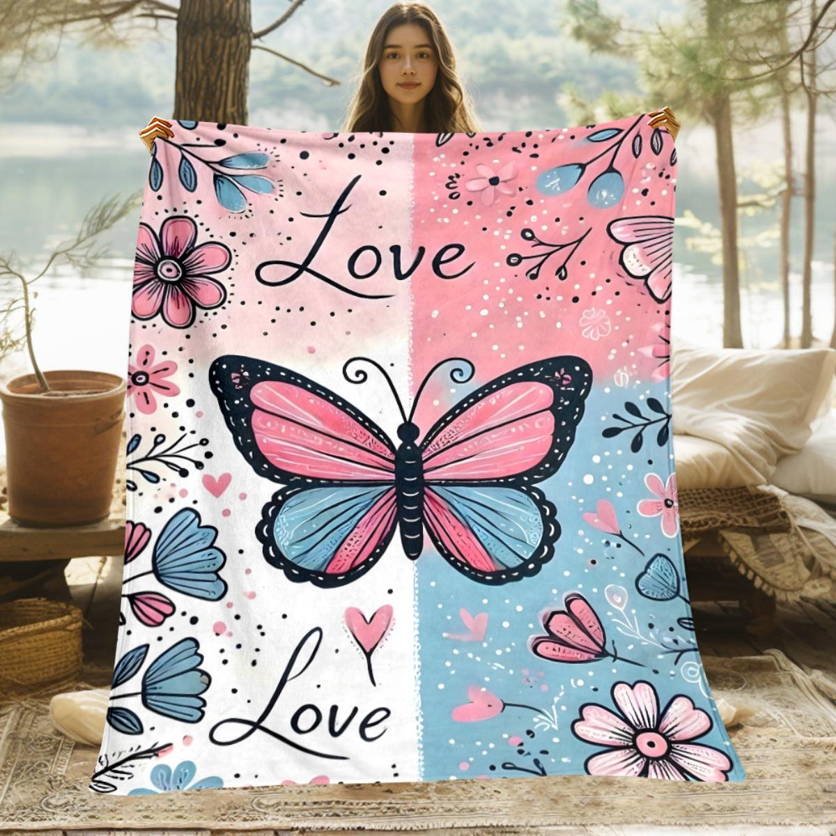 Butterfly & Love Pink & Blue Flannel Blanket - 280GSM Heavyweight All-Season Bedspread with Pink/Purple Butterfly Print, Hearts 75X95CM