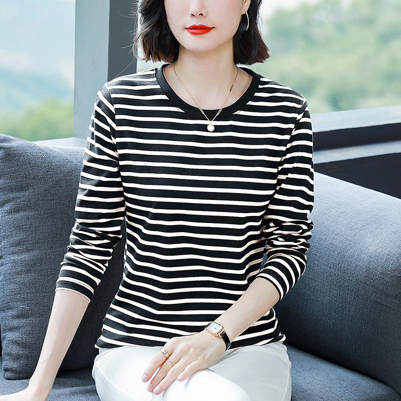 Plus Size Loose-Fit Cotton Striped Long-Sleeve T-Shirt for Middle-Aged & Elderly Women