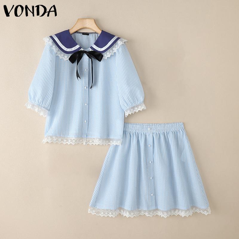 VONDA Two Picecs Dame Marineblå Krage Blondekant Stripete Tekstur T-skjorter og Shorts Sett