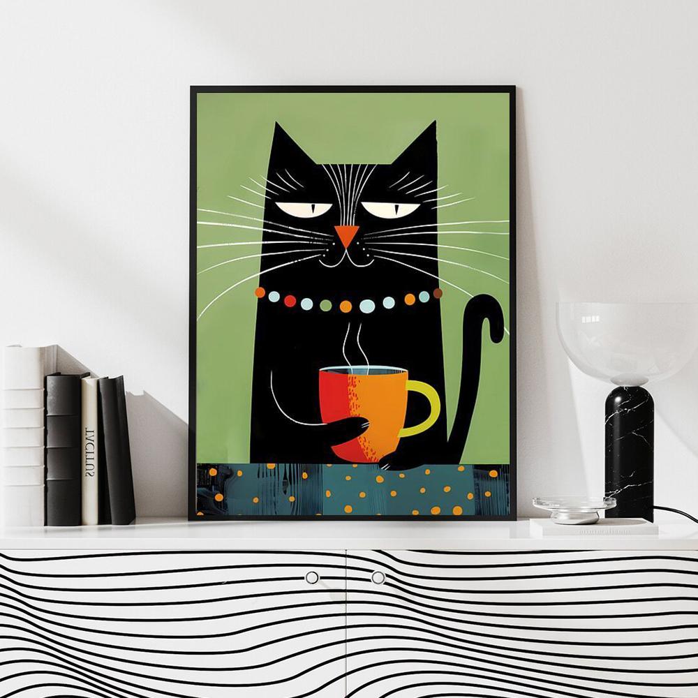 Whimsical Black Cat Drink Coffee Poster For Bedroom Nursery Cartoon Animal Canvas Painting Cute Cat Illustration Print Wall Art