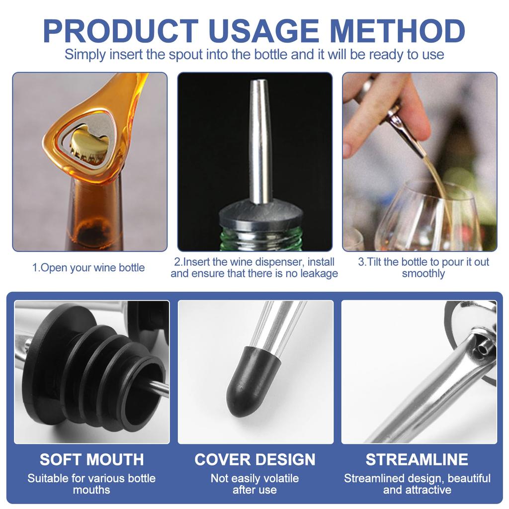 24Pcs Liquor Bottle Pourer Stainless Steel Wine Bottle Pourer with Dust Cover Wine Dispenser Precise Flow Control Wine Pouring