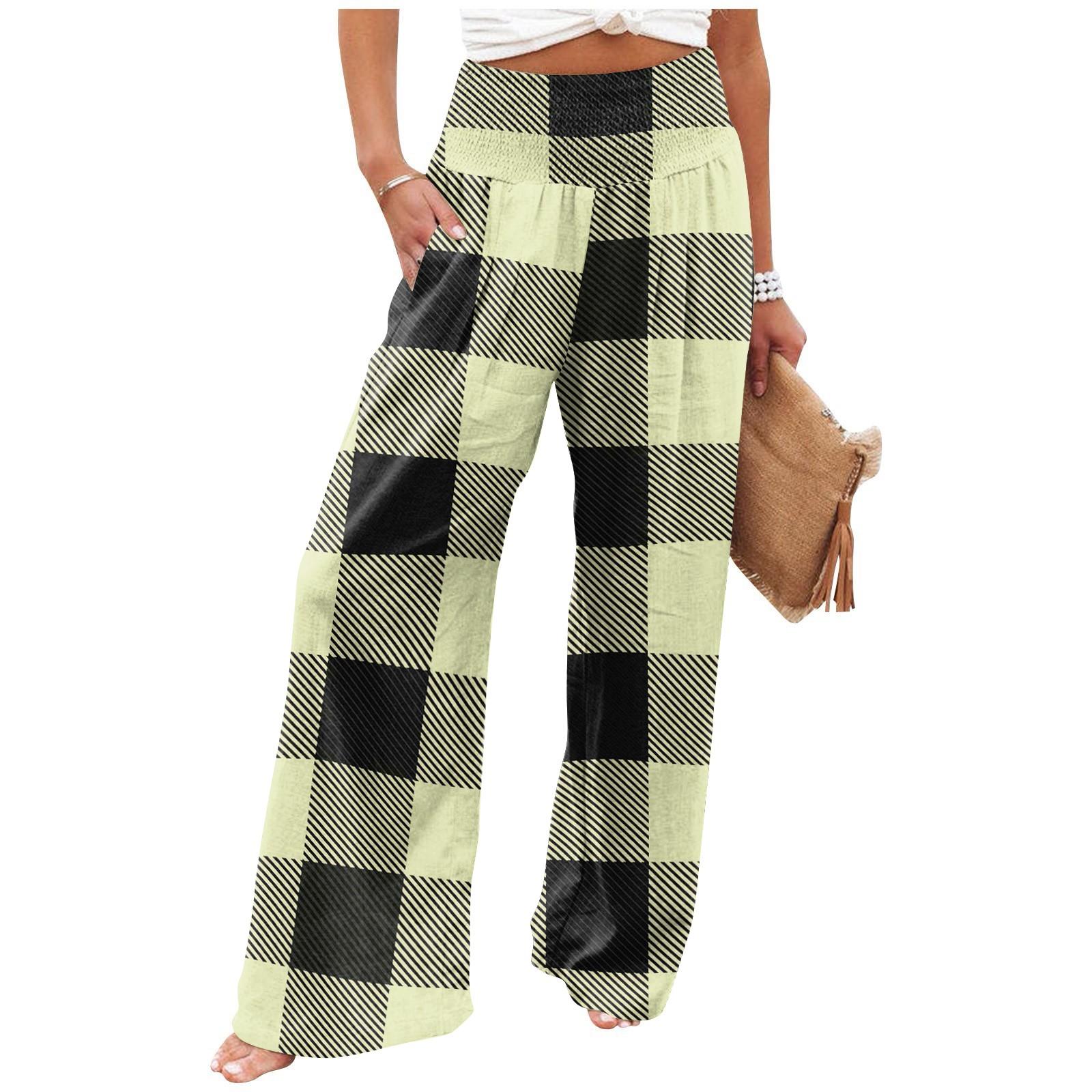 

Женские летние свободные брюки из хлопка и льна с эластичным поясом в клетку XL жёлтый