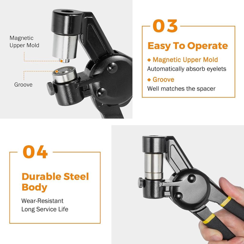 Grommet Tool Kit 8mm 10mm 12mm Hand Press Multi-Size Eyelet Pliers Kit with 900 Grommet Supplies & Hollow Hole Punch Tool Handheld Eyelet Setter