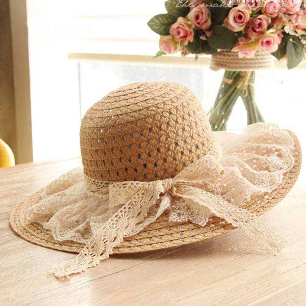 

Bucket Beach Sun Visor Women Summer Foldable Beach Cap Sun Hats Lace Side Straw Hats