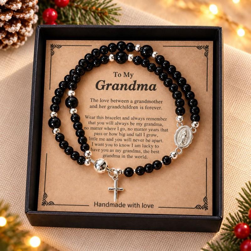 Christmas Themed Black Bead Heart Magnetic Clasp Bracelet With English Greeting Card Women