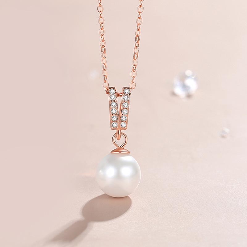 S925 Sterling Silver V-Shaped Pearl Necklace for Women: Classic, Versatile Shell Pendant on a Simple Clavicle Chain. 925 Silver розового золота