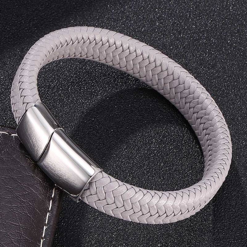 Punk Gray Leather Bracelet Men Stainless Steel Clasp Bangles Men's Bracelets Wristband Jewelry Gift