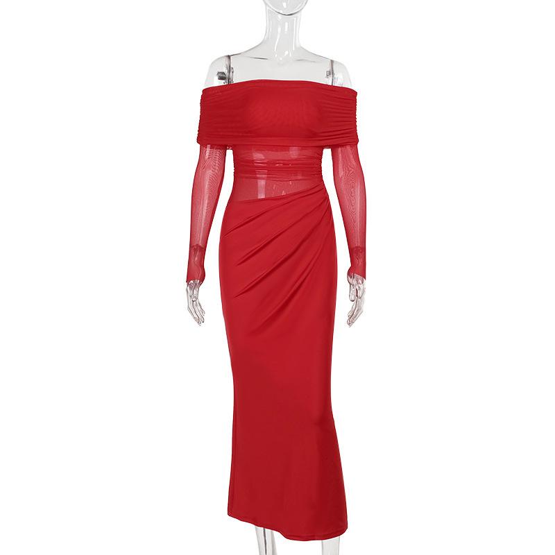 JY summer new long dress, European and American style temperament sexy one-word shoulder mesh hollow dress women