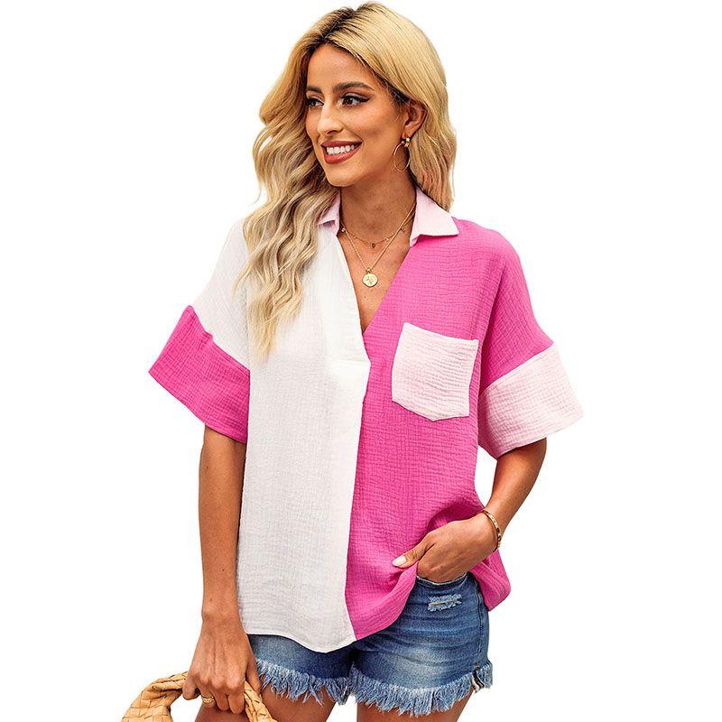 

Fashion Style Black and White Contrast Color Single-Breasted Short Sleeve Shirt Rose Red 2 Size XL Fit (87.50 kg-95.00 kg