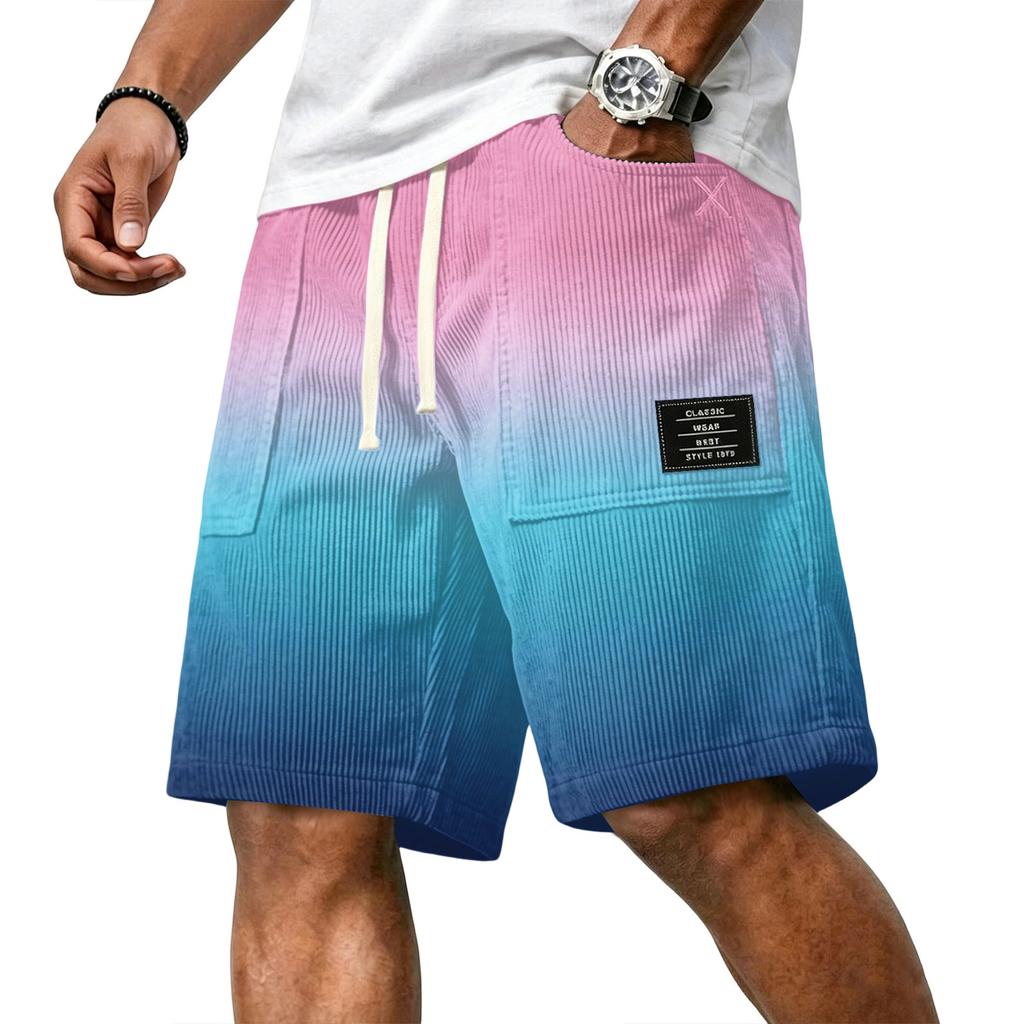 Herren Freizeit Corduroy Kordelzug Shorts Farbverlauf Stil mit Buchstaben Aufnäher Klassisch Bequem Sitz Sommer Strandkleidung