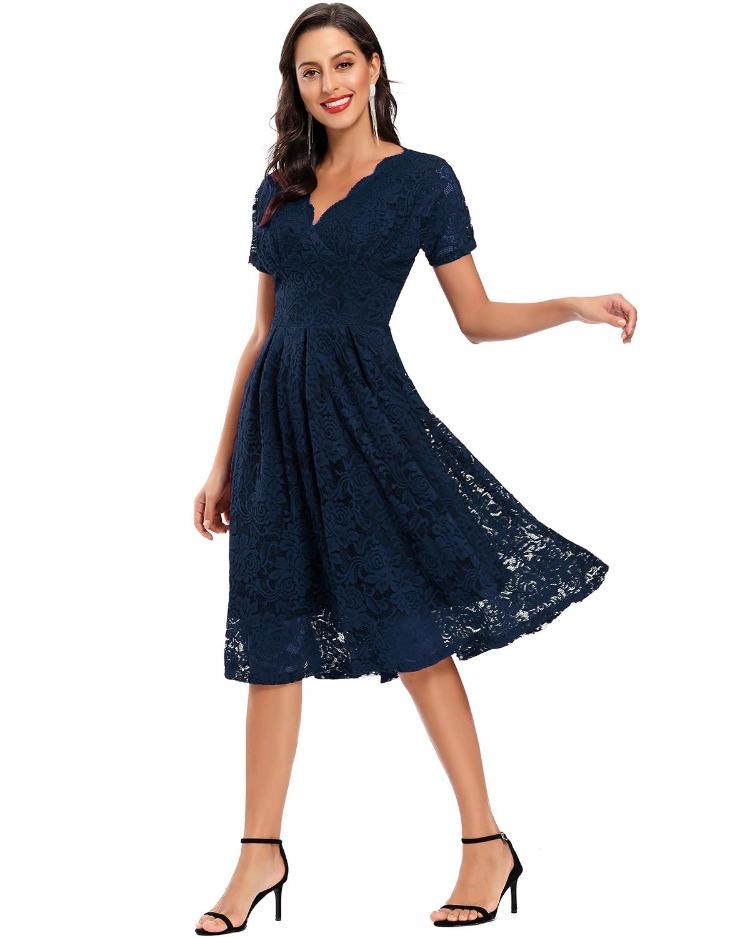 Bright Deer Women's Lace Cocktail Dress V Neck Short Sleeve Fitted Waist Midi Prom Bridesmaid Wedding Guest Party Evening Occasion Outfit