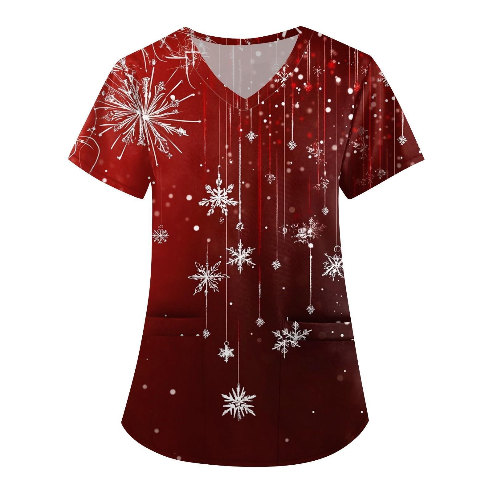 

Женская симпатичная рабочая одежда с принтом, V-образным вырезом, двухслойными карманами, базовым коротким рукавом, пуловером на Рождество XXXXL красный