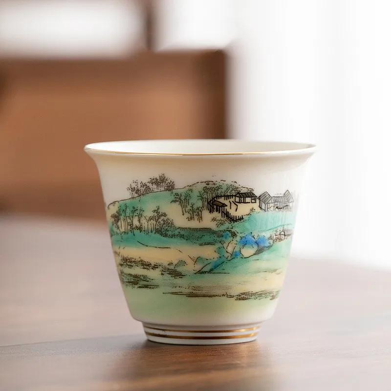 

1 Pc Chinese Ceramic Teacup Meditation Cup Handmade Landscape Pattern Tea Bowl Porcelain Tea Cup Household Tea Set Accessories 5.6x4.6cm 40ml