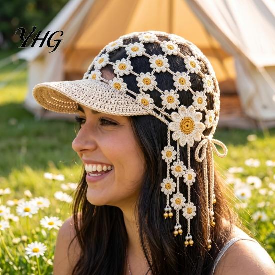 Hand Crocheted Floral Cap Sunflower Baseball Cap, Bohemian Tassel Bell Hat, Handmade Knit Cutout Spring Summer Fashion Beanie Caps, Colored